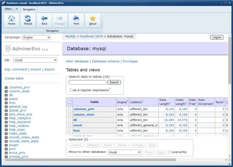 MySQL adminer app